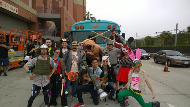 The Sunset Overdrive team dresses up to storm the green carpet at the Xbox E3 Media Briefing in 2014